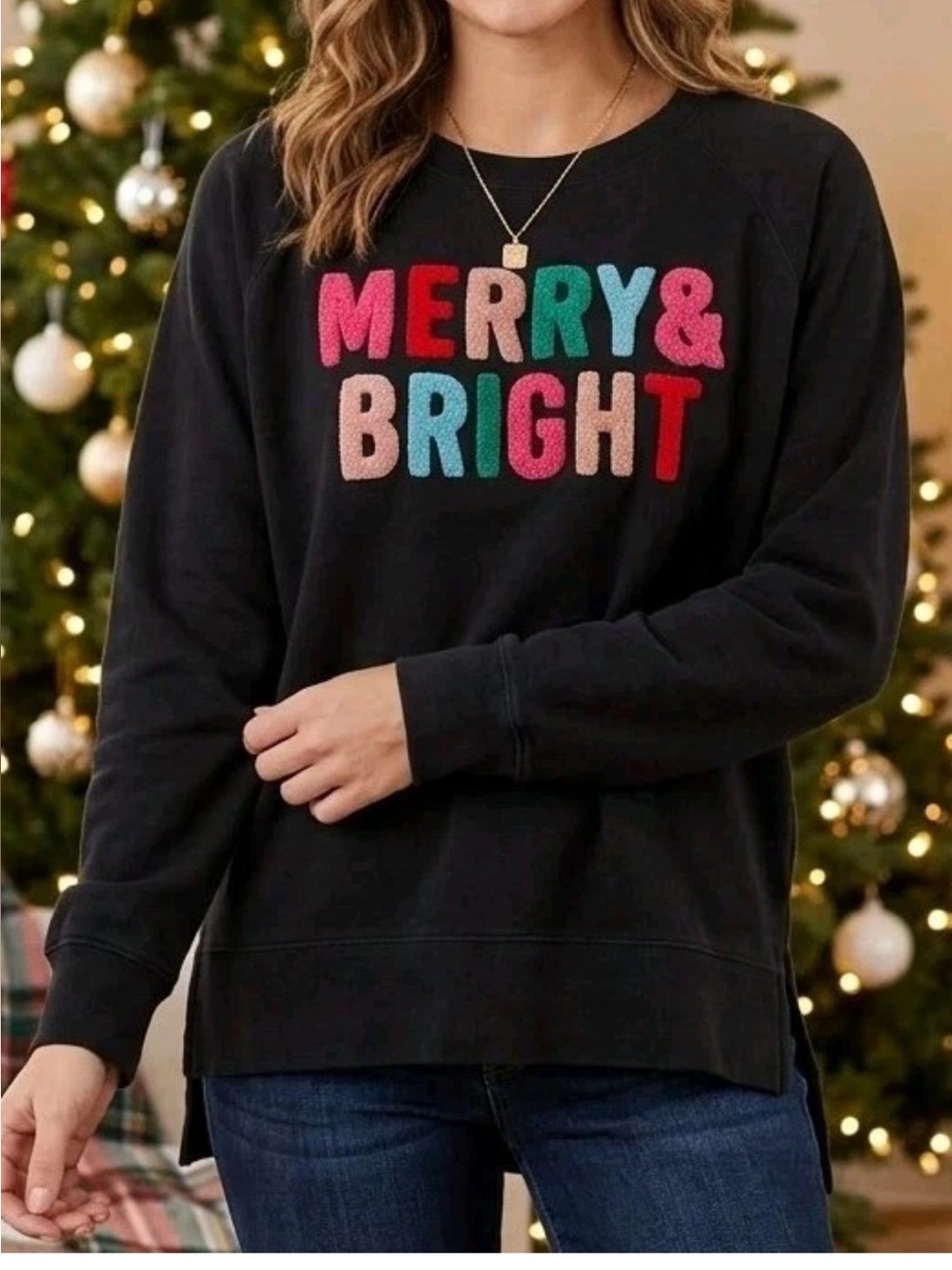 Royce Brand Black Merry & Bright Christmas Sweatshirt Size M Chenille Lettering